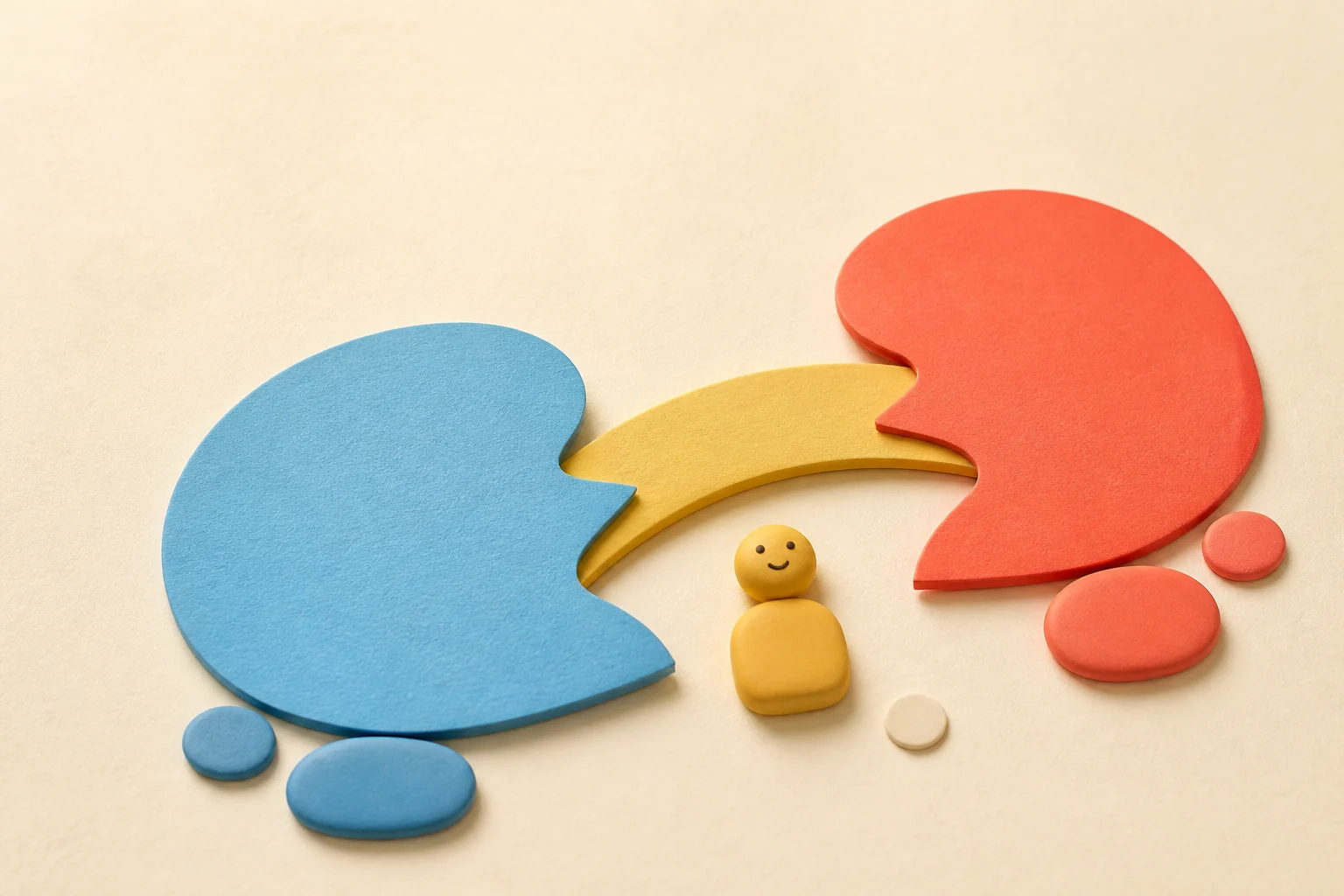 Two colorful speech shapes connected by a yellow bridge, with a small neutral guide between them